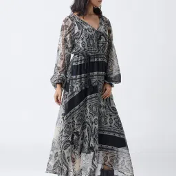 LOV by Westside Black Paisley Printed Asymmetric Dress with Belt-image-35
