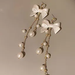 Celestria Contemporary Artificial Stones Studded and Beaded Drop Earrings image 3