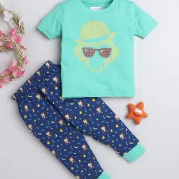 Bumzee Kids Green & Navy Printed T-Shirt with Pyjamas-image-82