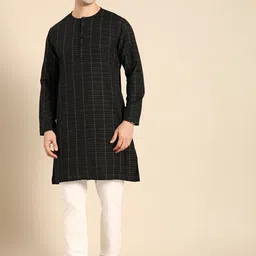 Anouk Men Black & Grey Checked Round-Neck Straight Kurta image 5