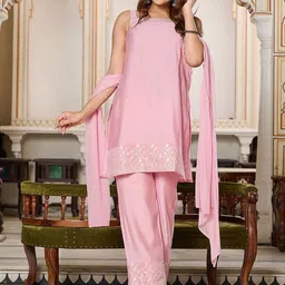 VIBE VISION Ethnic Motifs Embroidered Thread Work Kurta With Trousers & Dupatta-image-5