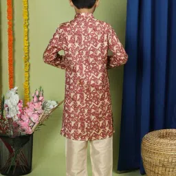 TABARD Kids Red & Beige Printed Full Sleeves Kurta with Pyjamas image 2