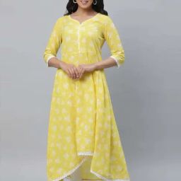 Aurelia Yellow Cotton Printed High Low Kurta-picture-11