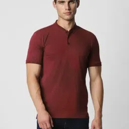 V Dot Maroon Cotton Slim Fit Printed Henley T-Shirt-image-55