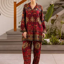 KALINI Ethnic Motifs Printed Shirt Collar Straight Tunic With Trousers-image-40