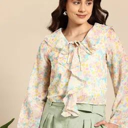 Mast & Harbour Floral Print Tie-Up Neck Ruffled Top-picture-16