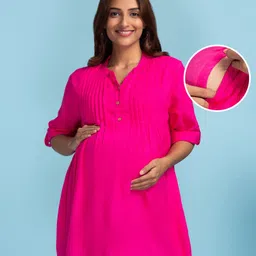 Bella Mama 3/4th Sleeve Rayon Dobby Top With Pleats - Fuchsia-picture-32
