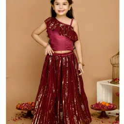 Saka Designs by Sapna Embroidered Lehenga with Single Shoulder FrillSleeves Choli - Wine & Gold-picture-34