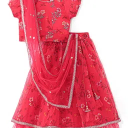 Babyhug Half Sleeve Tafetta Printed Choli with Lehenga  and Dupatta with Embroidery - Red-picture-18