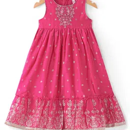 Babyhug Woven Sleeveless Ethnic Dress with Foil Print & Floral Embroidered - Fuschia-picture-10