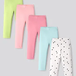 Bonfino 100% Cotton Knit Full Length Solid & Polka Dots Printed Leggings Pack of 5 - Green Pink & White-picture-16