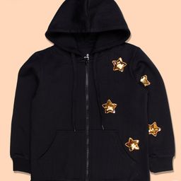 Kiddopanti Fleece Full Sleeves Heart Appliques Front Zip Opening Hooded Sweatshirt - Black-picture-1