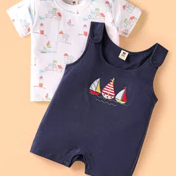 ToffyHouse Cotton Woven Half Sleeves Inner T-Shirt & Dungaree Style Romper With Nautical Print - Navy Blue-image-19