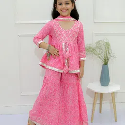 Ka-mee Cotton Woven Three Fourth Sleeves Bandhani Printed & Gotta Patti Lace Embellished Kurta & Sharara With Dupatta Set - Pink-picture-33