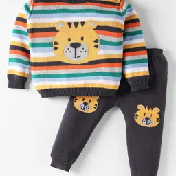 Simply Knitted Full Sleeves Pullover Striped Sweater Set With Tiger Design - Charcoal Grey-picture-19