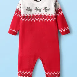 Babyhug Knit Full Sleeves Winter Wear Romper With Reindeer Design - Red & White-picture-38