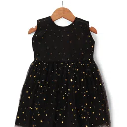 kookie kids india Kookie Kids Mesh Woven Sleeveless Party Dress with Foil Star Print - Black-picture-18