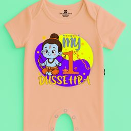 The Peppy Tend 100% Cotton Knit Dussehra Theme Half Sleeves My 1st Dussehra Text Printed Romper - Peach-picture-10