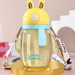 Baybee Lovely Bunnies Kids Water Bottle 600ml | BPA Free & Leakproof Safe Sipper Bottle with Straw | Cute Rabbit Design Smooth Sipping with Handle & Strap, Flip Lid for School Kids & Babys (Yellow)-image-1