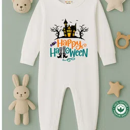 BLUSHES 100% Cotton Knit Halloween Theme Full Sleeves Happy Halloween Text Printed Romper - White-picture-37