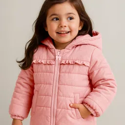 Babyhug Full Sleeves Front Open Padded Hooded Jacket with Solid Colour & Frill Detailing - Pink image 2