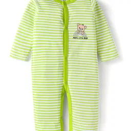 Doodle Poodle Interlock Knit Full Sleeves Striped Romper With Bib & Mittens - Green & White image 2