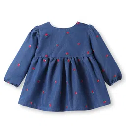 Babyhug Cotton Knit Full Sleeves Frock with Apple Embroidery - Blue image 2