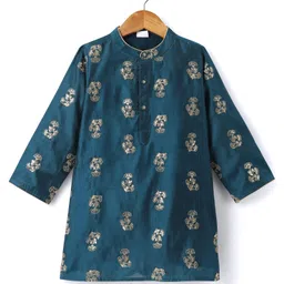 babyhug Pine Kids Cotton Woven Mandarin Collar Full Sleeves Kurta Pyjama Set - Teal Blue image 2