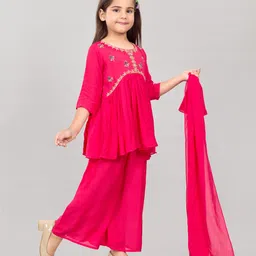 Pehanaava Muslin Woven Three Fourth Sleeves Thread Work Floral Embroidered & Beads Embellished Kurti Palazzo With Dupatta Set - Pink image 5