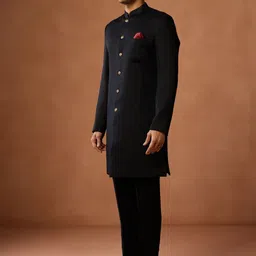 KISAH Men Self Design Mandarin Collar Sherwani Set with Red Pocket Square image 2