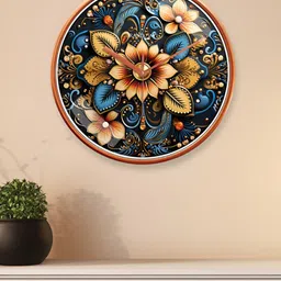 RANDOM Gold Toned & Blue Printed Contemporary Analogue Round Wall Clock image 3