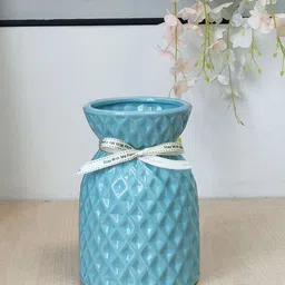 Art Street Blue Textured Grid Design Ceramic Flower Vase-image-34