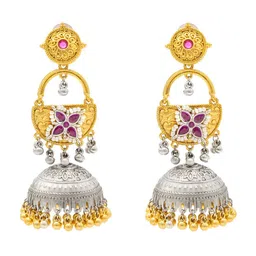 Shining Jewel - By Shivansh Gold-Plated CZ Pearls Studded & Ghungroo Beaded Jhumkas-image-59