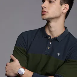 WROGN Men Navy Blue  Green Colourblocked Slim Fit Polo Collar Pure Cotton T-shirt-picture-20
