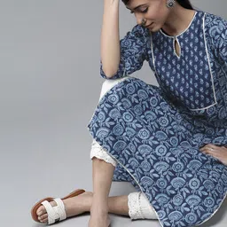 Libas Women Blue Floral Printed Keyhole Neck Gotta Patti Kurta-image-84