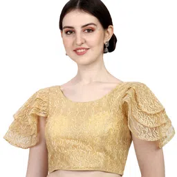 pujia mills Women's Shipali Net Work Ruffle Sleeves Readymade Saree Blouse image 1