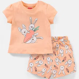 Babyhug Cotton Half Sleeves Night Suit Bunny Print- Peach-image-37