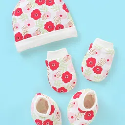Babyhug Cotton Floral Print Cap Mittens & Booties Set - Red-picture-11