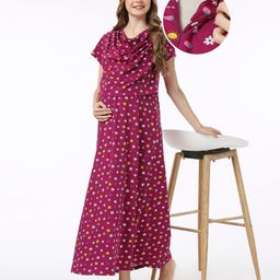 Bella Mama 100% Cotton Knit Half Sleeves Concealed Zipper Nursing Nighty Floral Print - Purple-picture-37