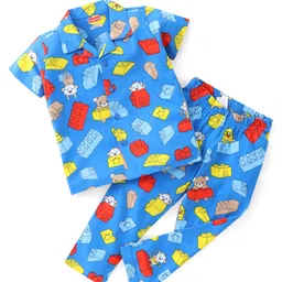 Babyhug Cotton Half Sleeve Knit Front Open Night Suit Lego Block Print - Blue-picture-27