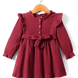 Kookie Kids Full Sleeves Solid Colour Frock with Frill & Belt Detailing - Maroon-picture-15