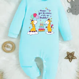 KNITROOT Dad Birthday Theme Full Sleeves Happy 1st Birthday With Me Daddy Text Printed Romper - Blue-picture-26