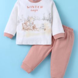 Zero Interlock Knit Full Sleeves T-Shirt & Joggers Set with Animal & Text Print -Off White & Dark Peach-picture-40