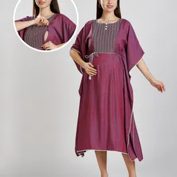 Dummy Shape Three Fourth Sleeves Abstract Embroidered Stretchable Maternity Kaftan Kurta With Concealed Zipper Nursing Access - Purple-picture-23
