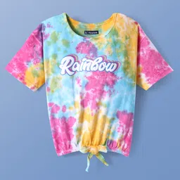 Pine Kids Cotton Knit Half Sleeves Drop Shoulder Top with Rainbow Print - Pink Blue & Yellow-picture-12