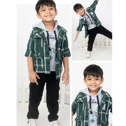 Little Collars Cotton Full Sleeves Checked Hooded Shirt & Cargo Pants Set - Green-image-66