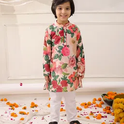 KID1 Silk Woven Full Sleeves Floral Printed Kurta Pyjama Set - Peach-picture-11