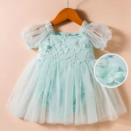 Mark & Mia Woven Half Puffed Sleeves Frock Style Party Onesie with Floral Applique & Embroidery - Aqua Blue-picture-20