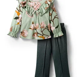 CrayonFlakes Cotton Knit Full Peasant Sleeves Floral Printed Ruffle Detailed Top & Pant Set - Green-picture-26
