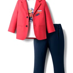 ToffyHouse Cotton Knit Bear Printed Party T-Shirt & Pant Set with Full Sleeves Jacket - Red-picture-11